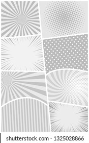 Comic book page monochrome design background with radial rays slanted lines and halftone humor effects. Vector illustration