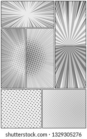 Comic book page monochrome design template with radial rays duel halftone humor effects. Vector illustration