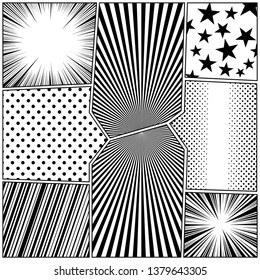Comic book page monochrome design concept with halftone dotted slanted lines radial stars rays humor effects. Vector illustration