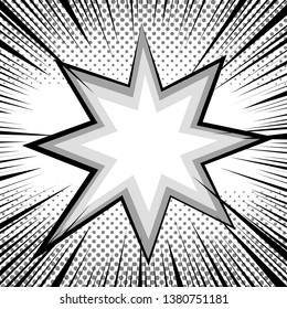 Comic book page monochrome design concept with starry speech bubble halftone and rays humor effects. Vector illustration