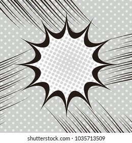 Comic book page monochrome template with blank speech bubble halftone and rays humor effects on dotted background in gray colors. Pop-art style. Vector illustration