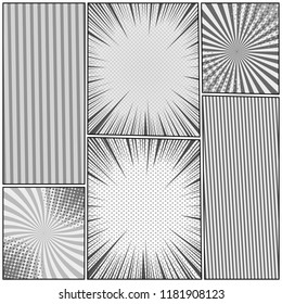 Comic book page monochrome template with rays slanted lines radial halftone humor effects. Vector illustration