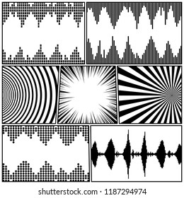 Comic book page monochrome template with sound audio waves rays radial circles humor effects. Vector illustration