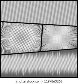 Comic book page monochrome template with rays halftone dots slanted lines humor effects in gray colors. Vector illustration