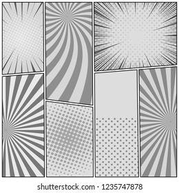 Comic book page monochrome template with radial dotted circles rays and halftone humor effects. Vector illustration