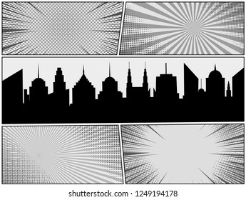 Comic book page monochrome template with black cityscape radial rays halftone dotted humor effects. Vector illustration