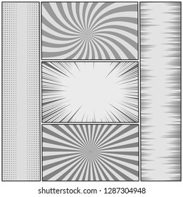Comic book page monochrome template with different humor effects in gray colors. Vector illustration