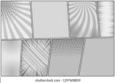 Comic book page monochrome template with halftone radial rays slanted lines humor effects in gray colors. Vector illustration