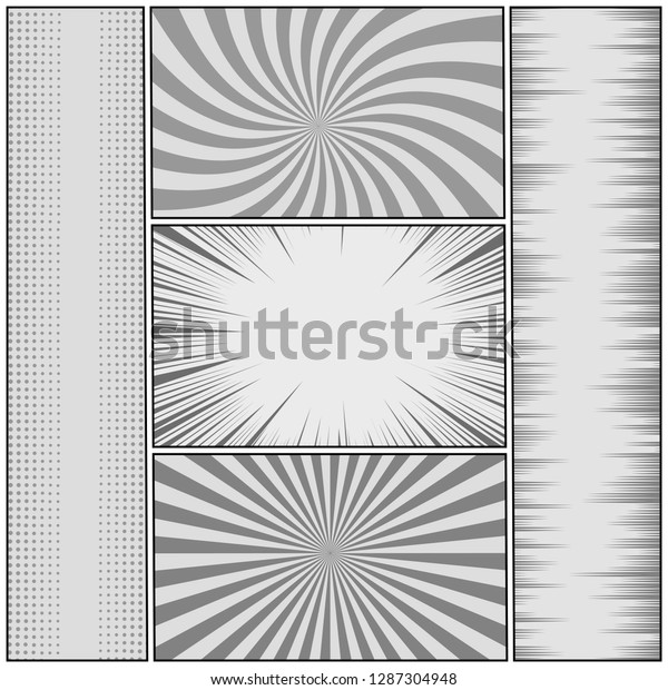 Comic book page monochrome\
template with different humor effects in gray colors. Vector\
illustration