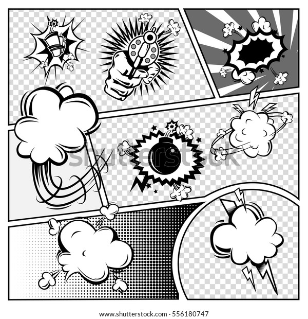 吹き出しを持つ吹き出しを持つ吹き出しを持つ漫画本ページモノクロテンプレート ダイナマイト爆発を持つ音響効果ベクターイラスト のベクター画像素材 ロイヤリティフリー