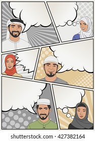 Comic book page with muslim people talking. Comic strip background with speech bubbles. 
