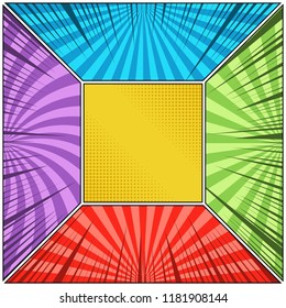 Comic book page original background with radial rays and halftone humor effects in bright colors. Vector illustration