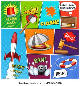 Comic book page panels composition with alarm rocket old tv news text balloons symbols abstract vector illustration 