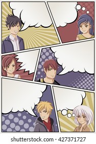 Comic book page with people talking. Comic strip background with speech bubbles. Manga anime teenagers.
