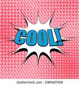 Comic book page pink background with blue Cool inscription white speech cloud halftone and slanted lines effects. Vector illustration