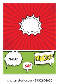 Comic book page. Comic Book Page with place for Text, Speech Bubbls, Vintage comics book poster. Comic book page template with radial backgrounds, halftone effects