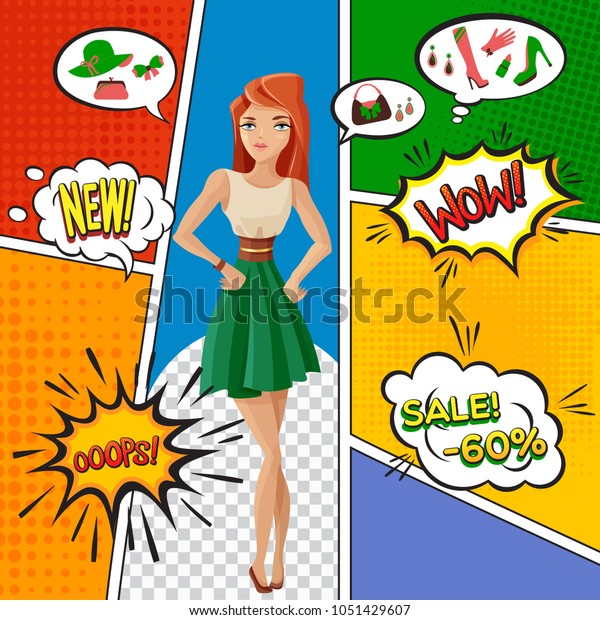 Comic book page\
with pretty woman, sale of female products, expression of emotions\
in bubbles vector\
illustration