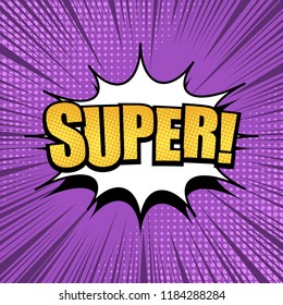 Comic book page purple concept with yellow light Super wording white speech bubble rays and halftone effects. Vector illustration