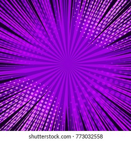 Comic Book Page Purple Concept With Black Rays And Different Halftone Effects On Radial Background. Vector Illustration