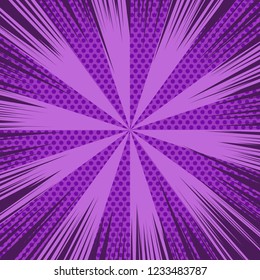 Comic book page purple template with rays halftone and radial humor effects. Vector illustration