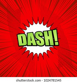 Comic book page red background with Dash green inscription white speech bubble halftone arrows rays humor effects. Vector illustration