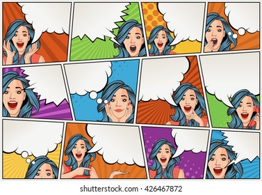 Comic book page with retro woman talking. Comic strip background with speech bubbles. Vintage art.
