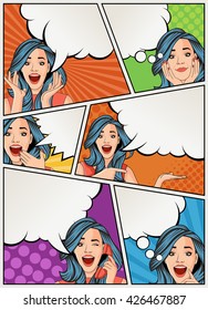 Comic book page with retro woman talking. Comic strip background with speech bubbles. Vintage art.

