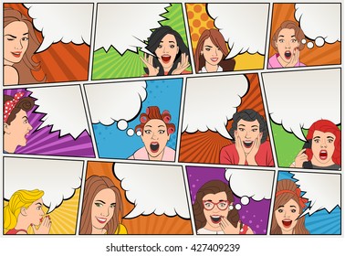 Comic book page with retro women talking. Comic strip background with speech bubbles. Vintage art.
