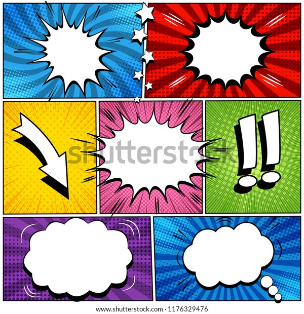 Comic book page\
speech bubbles set with white clouds stars arrow exclamation points\
sound halftone rays and radial effects in different colors. Vector\
illustration