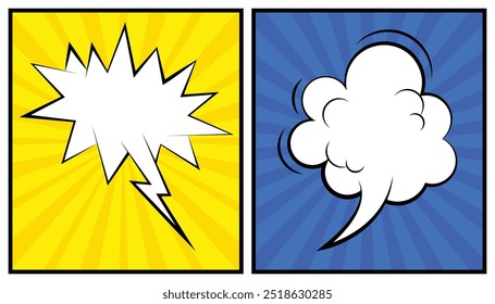 Comic book page template with blank white speech bubbles of different shapes. sound effects in pop art style. comic books dialog bubbles. empty comic speech clouds