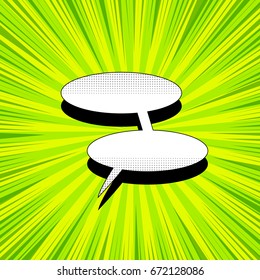 Comic book page template with blank white double speech bubble, halftone effects and rays on green radial background. Vector illustration