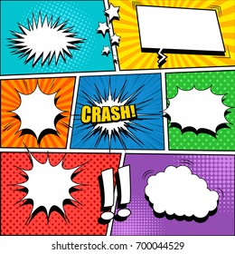 Comic book page template with blank white speech bubbles, rays, radial, sound, halftone, dotted effects, stars and exclamation marks. Vector illustration