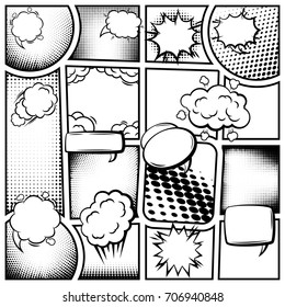 Comic book page template with blank speech bubbles sound and halftone effects in monochrome style vector illustration