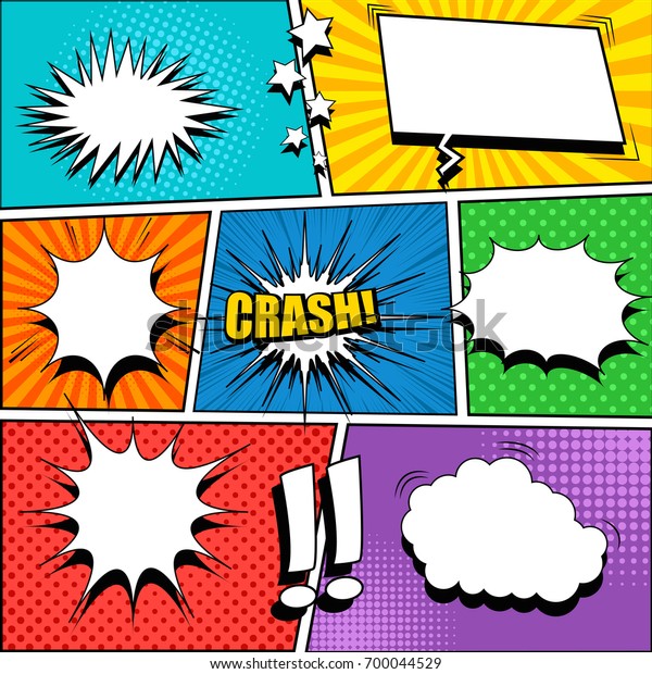Comic book page template with blank\
white speech bubbles, rays, radial, sound, halftone, dotted\
effects, stars and exclamation marks. Vector\
illustration