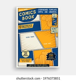 Comic book page template. Classic storyboard artwork. Comics magazine cover. Vector graphics