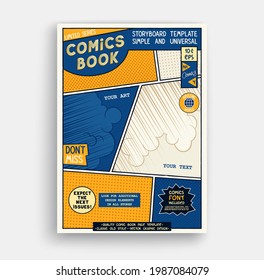 Comic book page template. Classic storyboard artwork. Comics magazine cover. Vector graphics