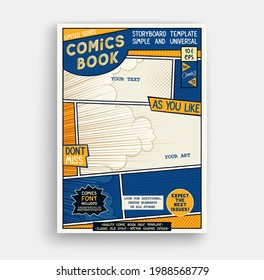 Comic book page template. Classic storyboard artwork. Comics magazine cover. Vector graphics