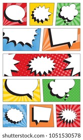 Comic Book Page Template With Colorful Panels. Speech Bubbles On Backgrounds With Halftone Dots And Radial Lines