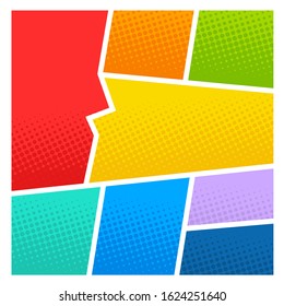 Comic book page template of colorful frames divided by lines with rays, radial, halftone, and dotted effects in pop art style. Vector illustration