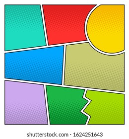 Comic book page template of colorful frames divided by lines with rays, radial, halftone, and dotted effects in pop art style. Vector illustration