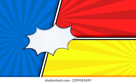 Comic book page template of colorful frames with rays, radial, halftone, and dotted effects in pop art style. Vector illustration