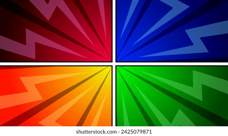 Plantilla de página de cómic colorido marco dividido líneas con efecto radial de semitono en estilo pop art. Ilustración de vector