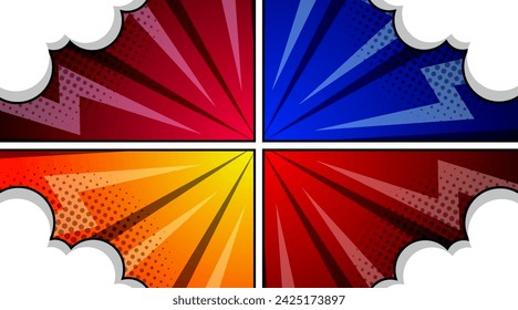 Comic book page template colorful frame divided lines with halftone radial effect in pop art style. Vector illustration