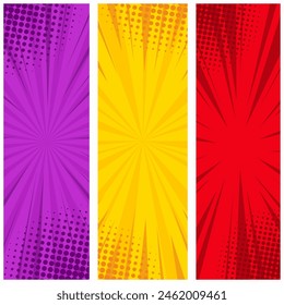Comic book page template colorful frame divided by lines with rays, radial, halftone and dotted effects in pop art style. Vector illustration