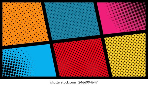 Comic book page template colorful frame divided by lines with rays, radial, halftone and dotted effects in pop art style. Vector illustration
