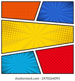 Comic book page template of colorful frames divided by lines with rays, radial, halftone, and dotted effects in pop art style. Vector illustration