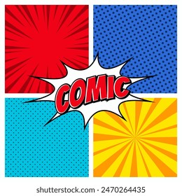 Comic book page template of colorful frames divided by lines with rays  radial  halftone  and dotted effects in pop art style. Vector illustration