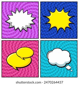 Comic book page template of colorful frames divided by lines with rays  radial  halftone  and dotted effects in pop art style. Vector illustration