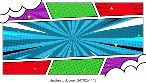 Comic book page template of colorful frames divided by lines with rays  radial  halftone  and dotted effects in pop art style. Vector illustration