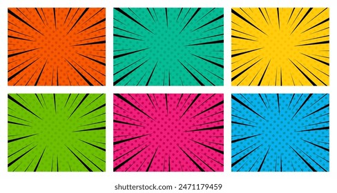 Comicseite Vorlage von bunten Rahmen geteilt durch Linien mit Strahlen, Radial-, Halbton- und Punkteffekten im Pop Art Stil. Vektorillustration